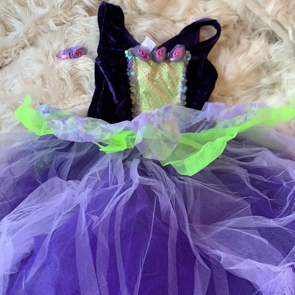 Gorgeous fairy princess ballet dress / costume Purple & Green. matching barrette
